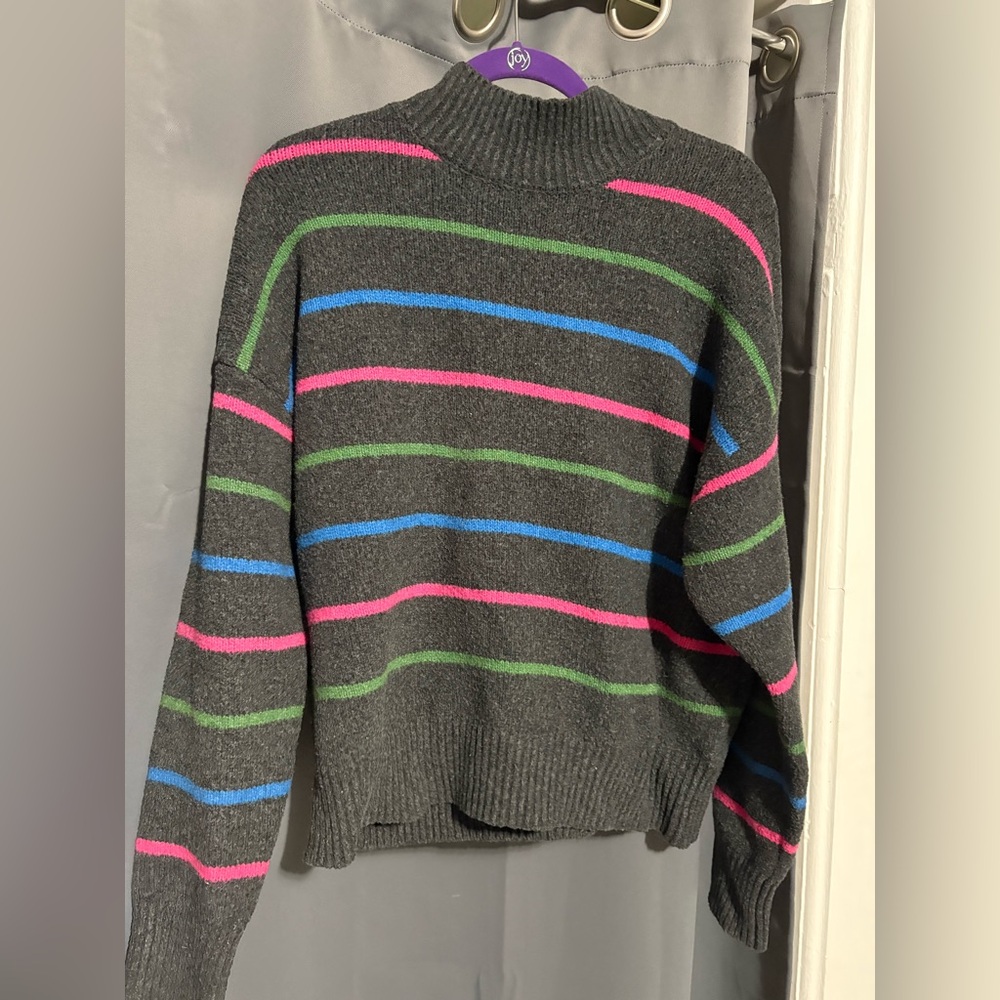 Chic Striped Turtleneck Sweater in Gray with Pink, Green, and Blue
